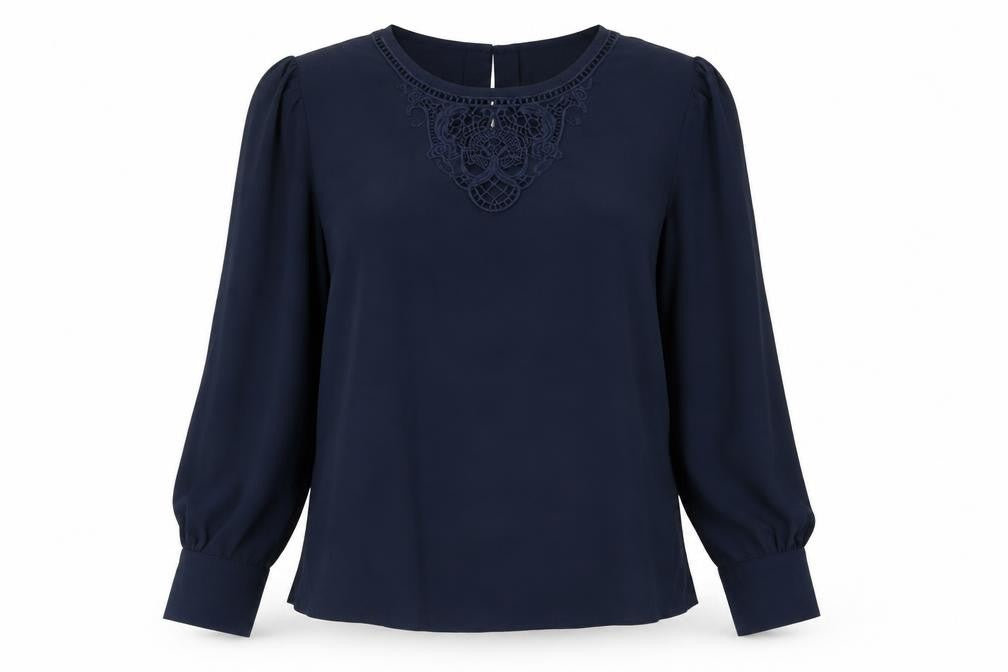 Marks & Spencer Womens Blue Polyester Basic Blouse Size 12 Round Neck - Lace Detail