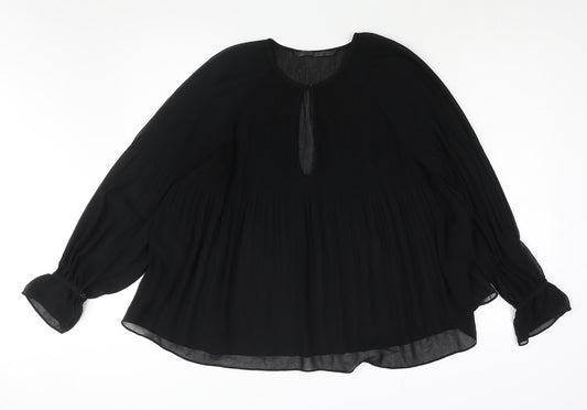 Zara Womens Black Polyester Basic Blouse Size L Round Neck - Semi Sheer Pleated