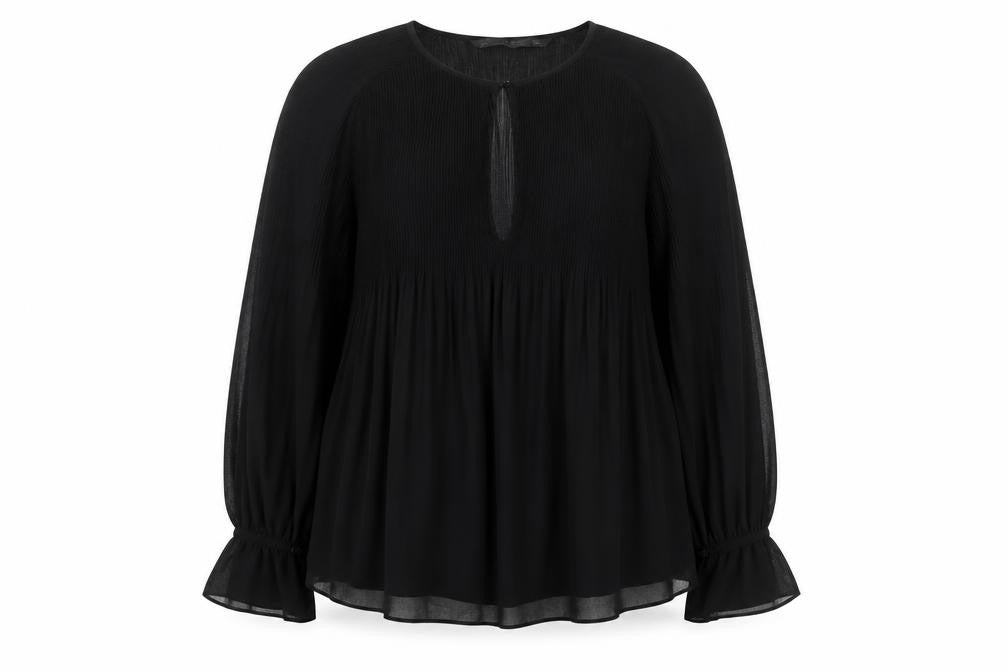 Zara Womens Black Polyester Basic Blouse Size L Round Neck - Semi Sheer Pleated