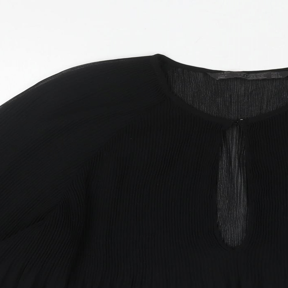 Zara Womens Black Polyester Basic Blouse Size L Round Neck - Semi Sheer Pleated