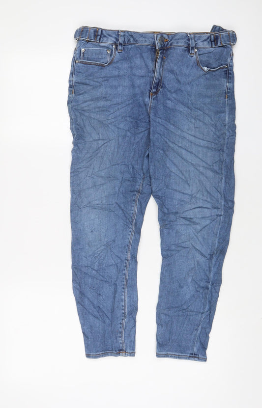Front view of ASOS women’s blue cotton skinny jeans, size UK 32, in, 26-inch leg regular zip - buckle
