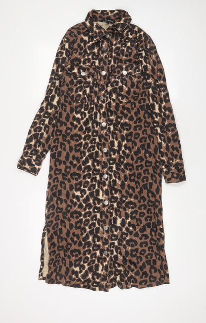 Next Womens Brown Animal Print Cotton A-Line Size 8 Collared Button