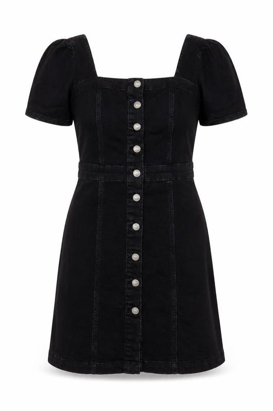 Front view of Denim & Co. women’s black cotton a-line, size UK 14, square neck button