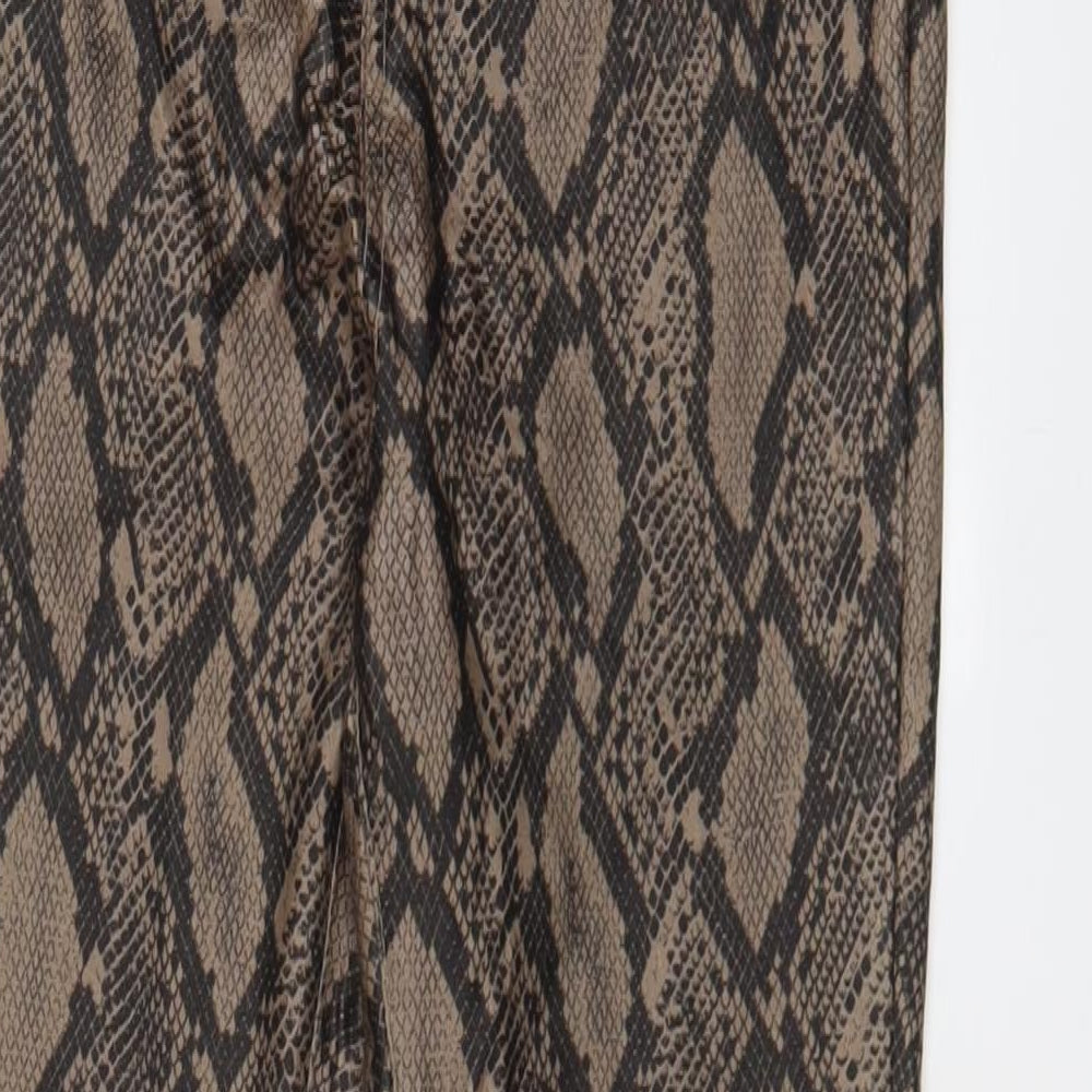 Boohoo Womens Brown Animal Print Viscose Trousers Size 12 L28 in Regular Zip - Leather Look