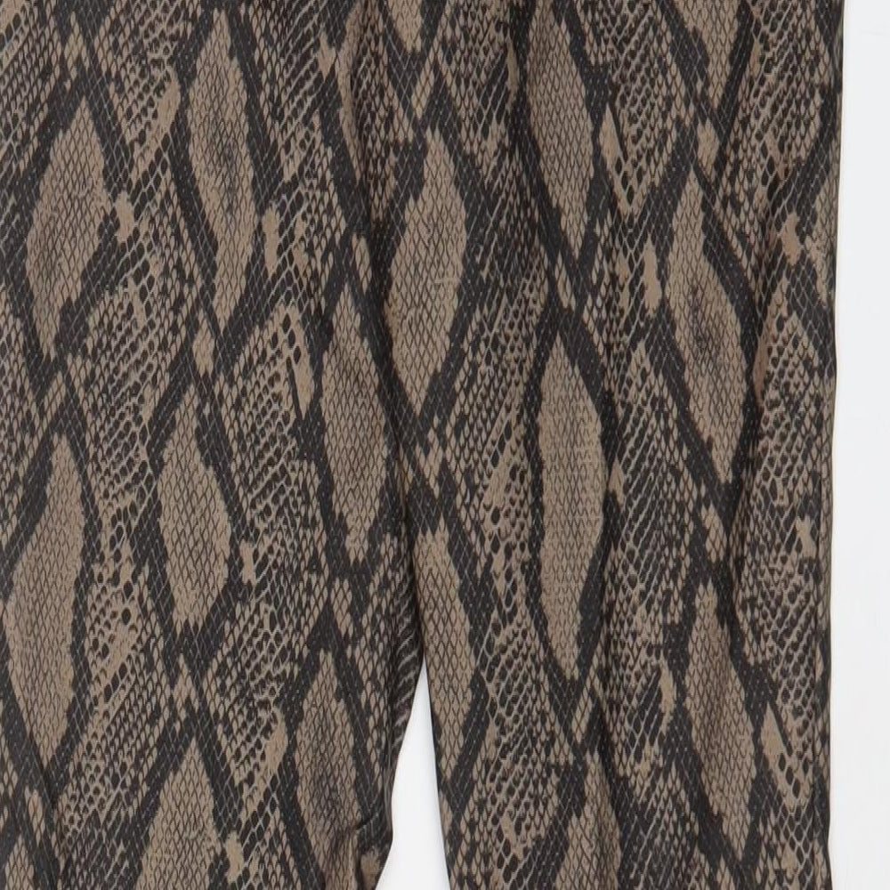 Boohoo Womens Brown Animal Print Viscose Trousers Size 12 L28 in Regular Zip - Leather Look