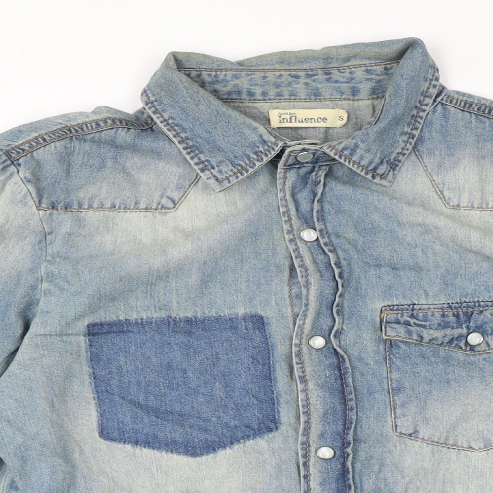 Influence Mens Blue Cotton Button-Up Size S Collared Snap