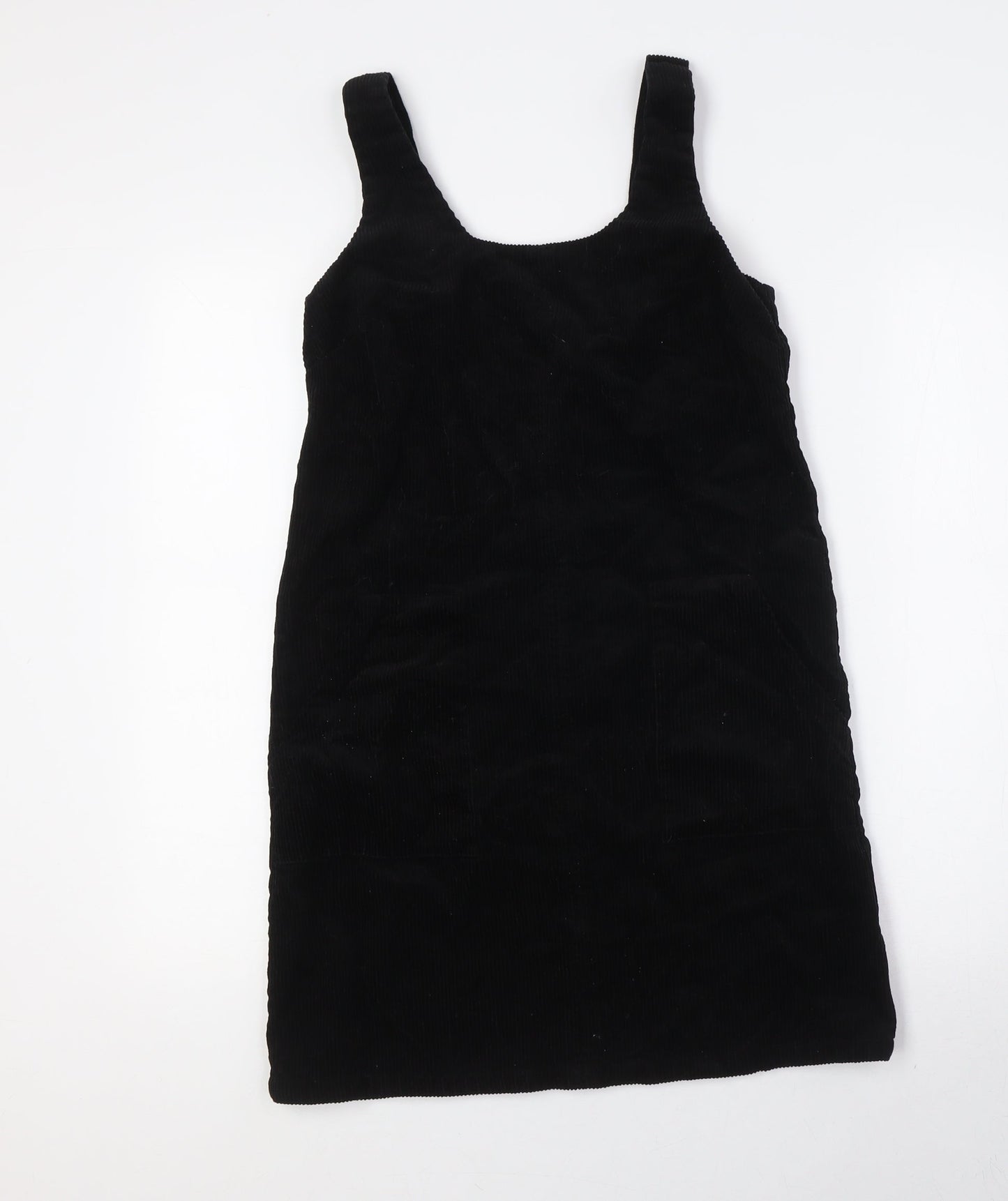 New Look Womens Black 100% Cotton Pinafore/Dungaree Dress Size 6 Scoop Neck Tie