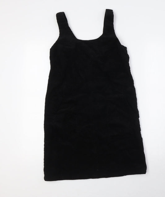 New Look Womens Black 100% Cotton Pinafore/Dungaree Dress Size 6 Scoop Neck Tie