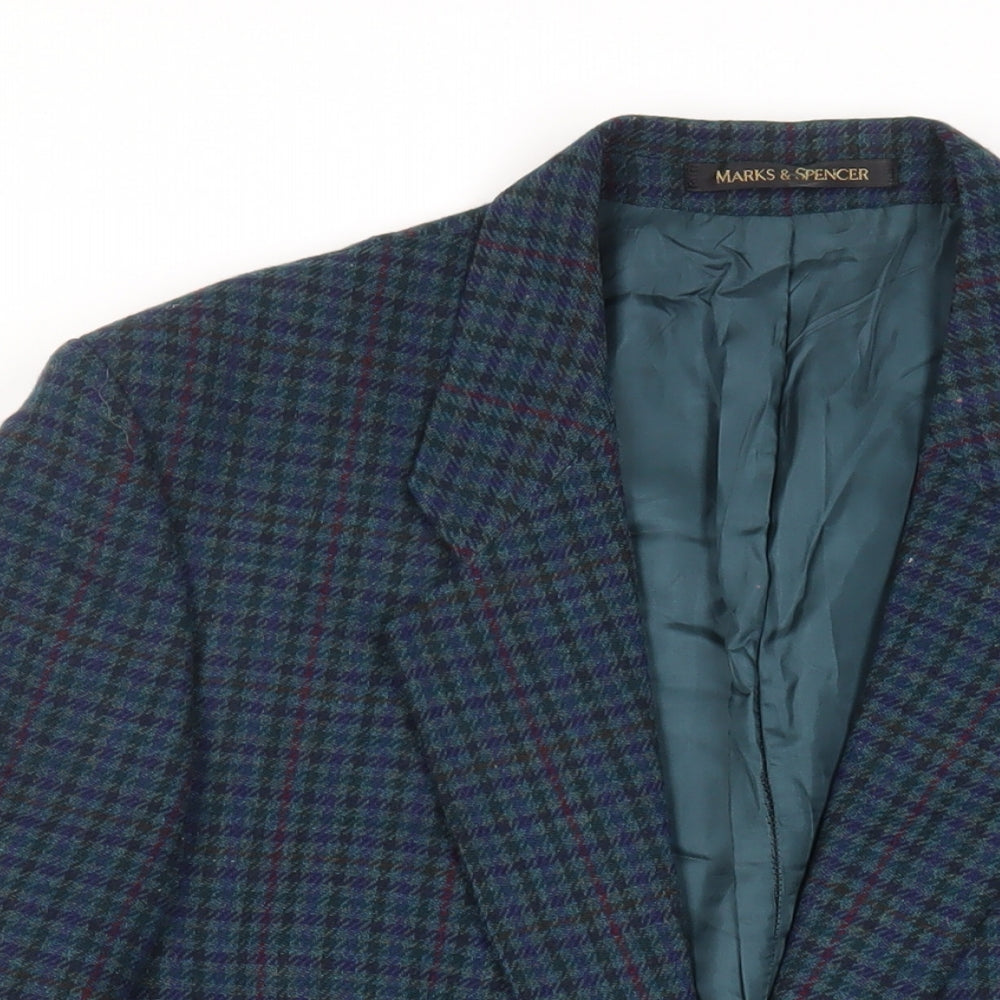 St Michael Mens Blue Geometric Wool Jacket Blazer Size 40 Regular - Vintage