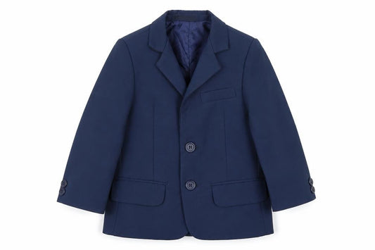 Front view of VivaKi boys’ blue jacket blazer, size 2, years button