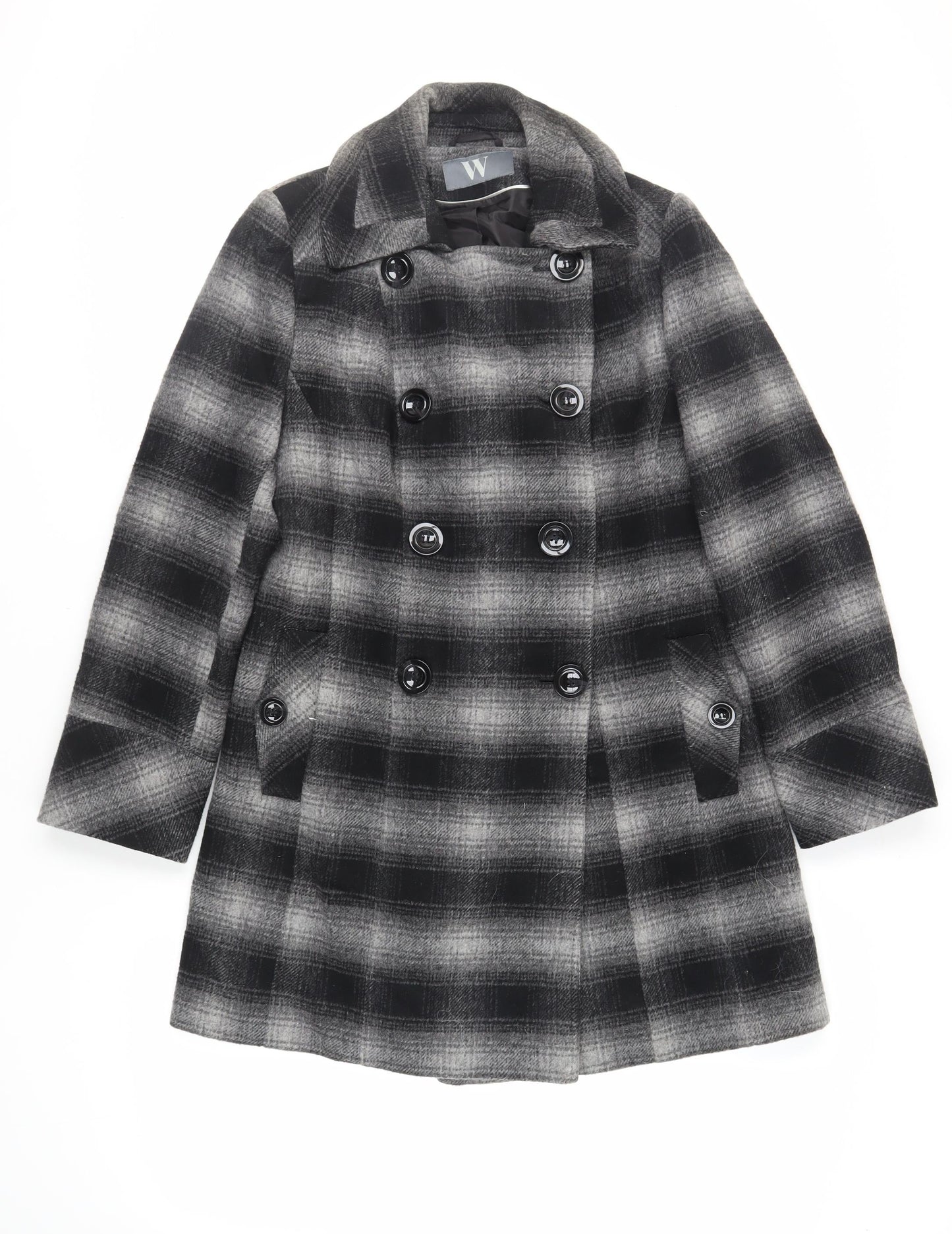BHS Womens Grey Plaid Pea Coat Coat Size 12 Button