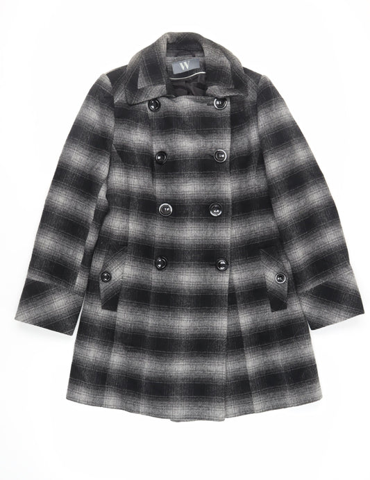 BHS Womens Grey Plaid Pea Coat Coat Size 12 Button