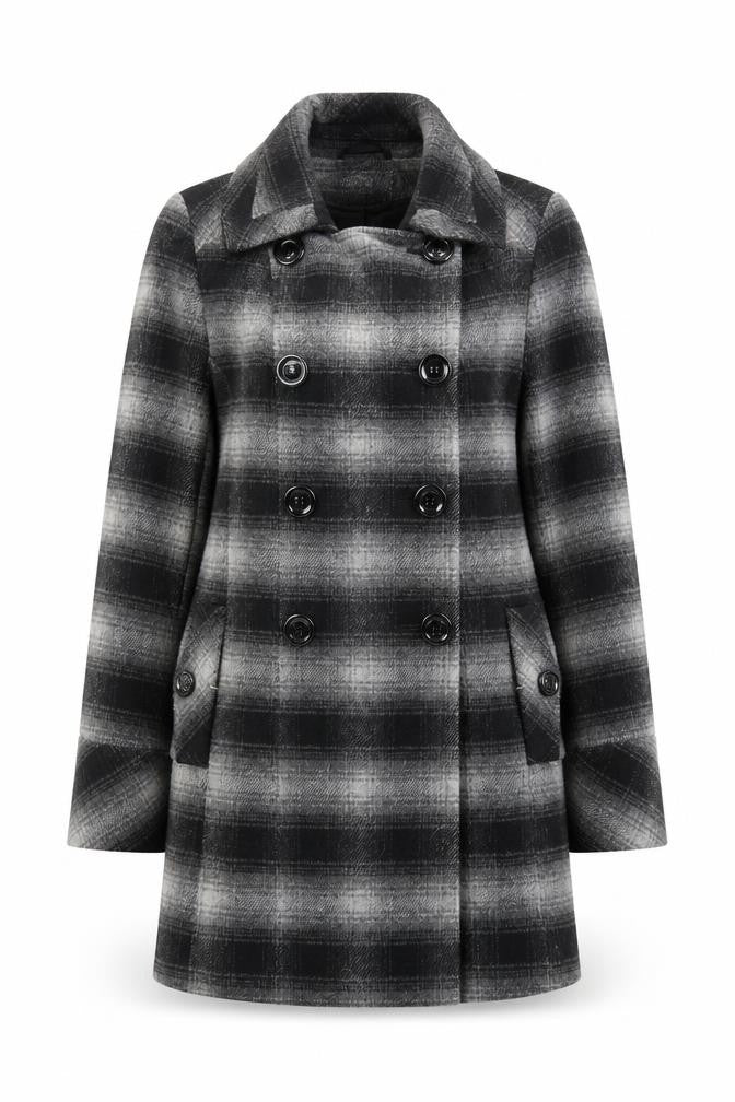 BHS Womens Grey Plaid Pea Coat Coat Size 12 Button