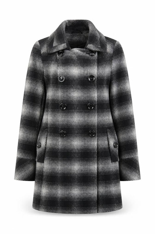 BHS Womens Grey Plaid Pea Coat Coat Size 12 Button