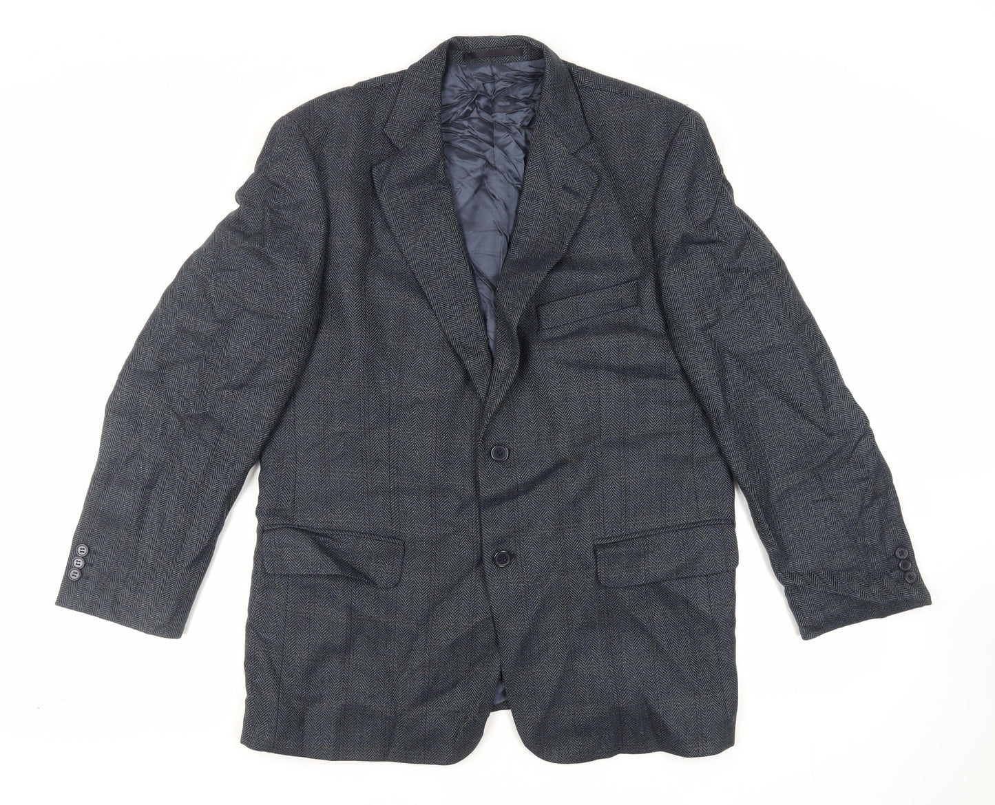 Wellington Mens Blue Herringbone Wool Jacket Blazer Size 42 Regular