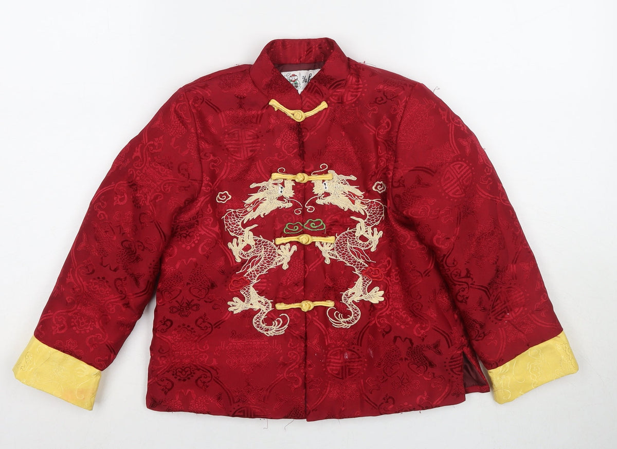 Additional front view of Yu Peng boys’ red floral kimono jacket, size 8, years button
