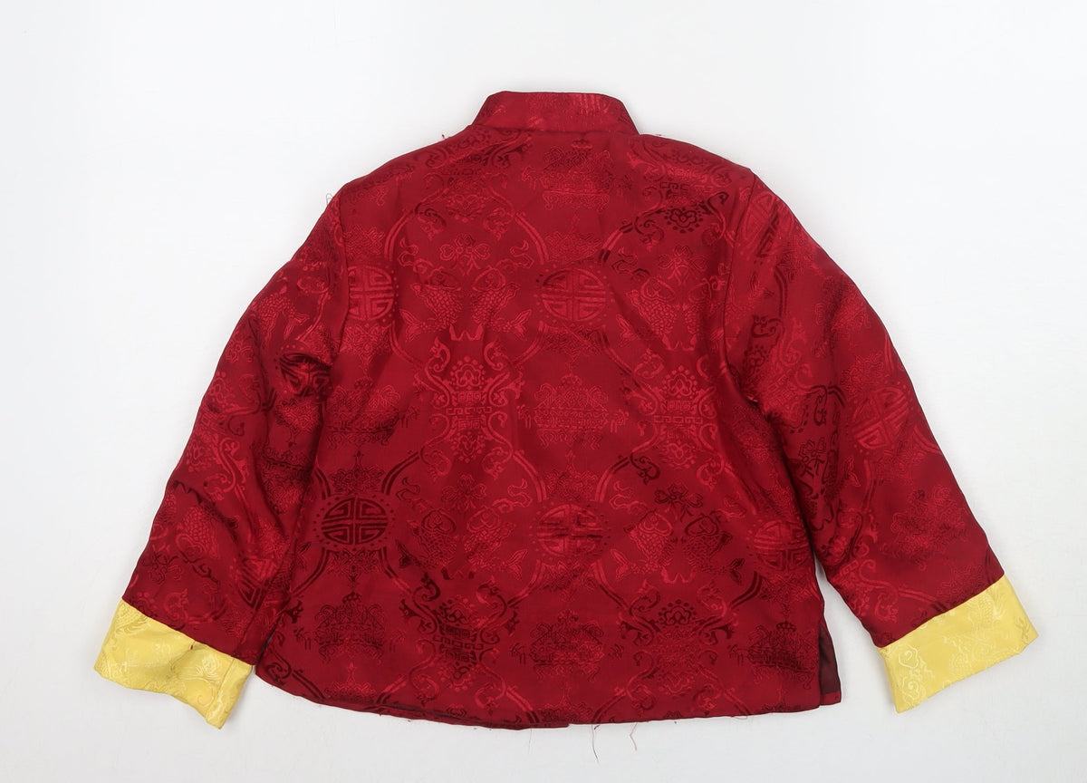 Back view of Yu Peng boys’ red floral kimono jacket, size 8, years button
