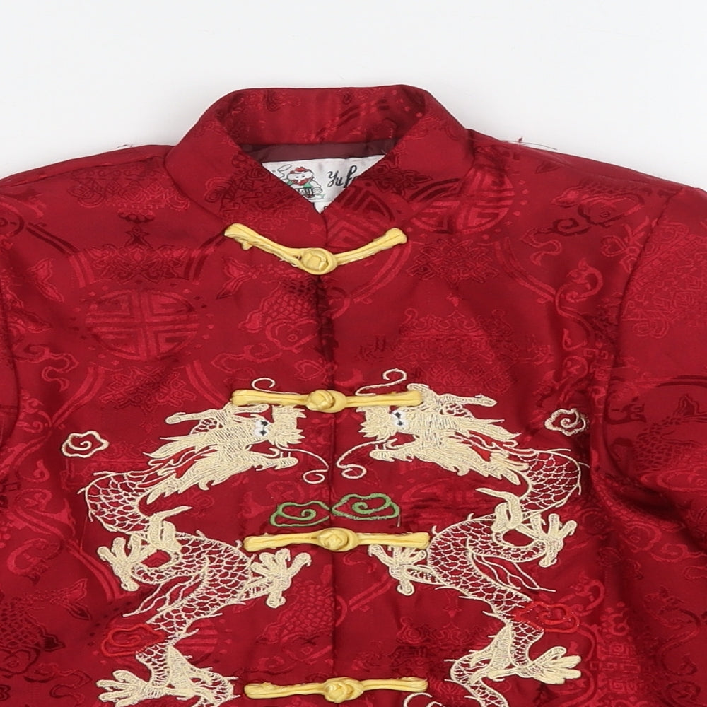 Close-up detail of Yu Peng boys’ red floral kimono jacket, size 8, years button