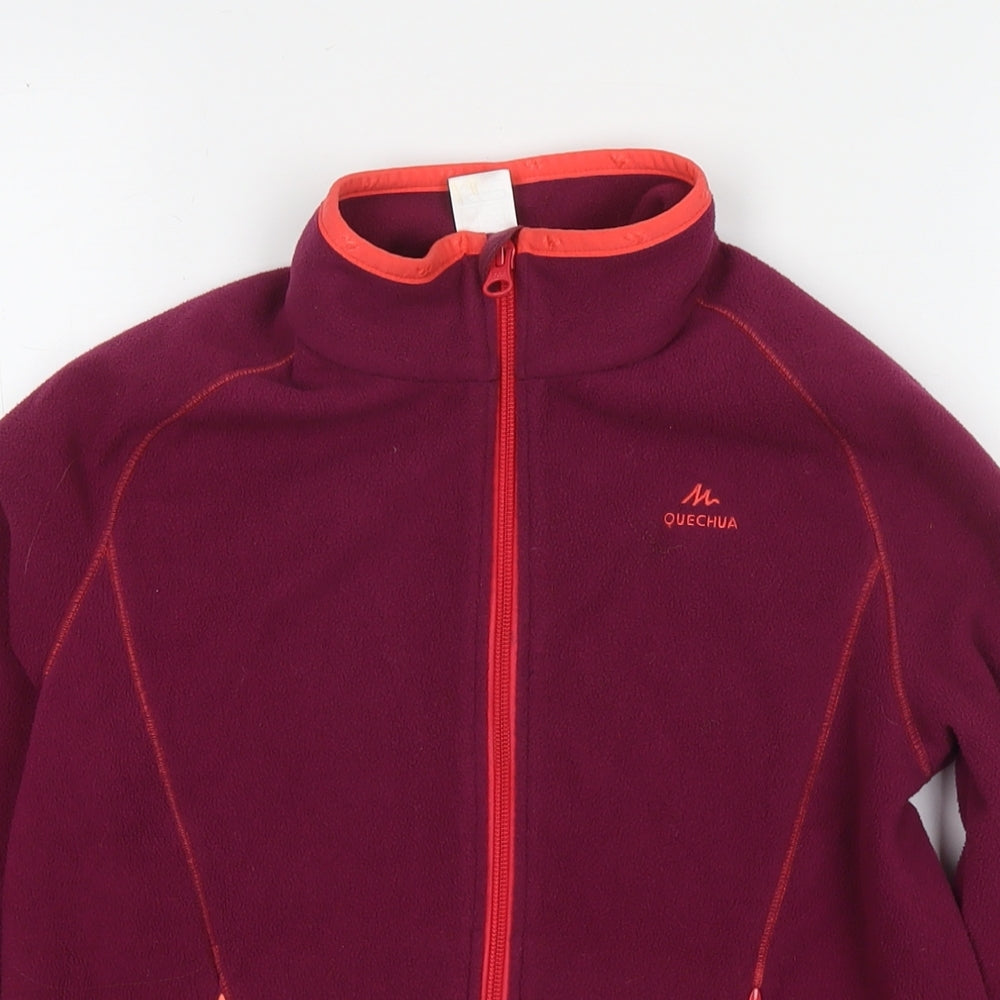 Close-up detail of Decathlon girls’ purple jacket, size 12-13, years zip