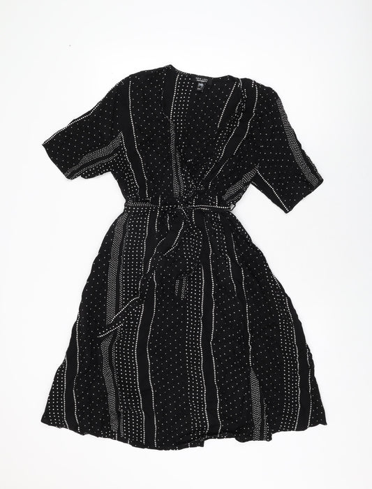 New Look Womens Black Geometric Viscose Wrap Dress Size 10 V-Neck Pullover