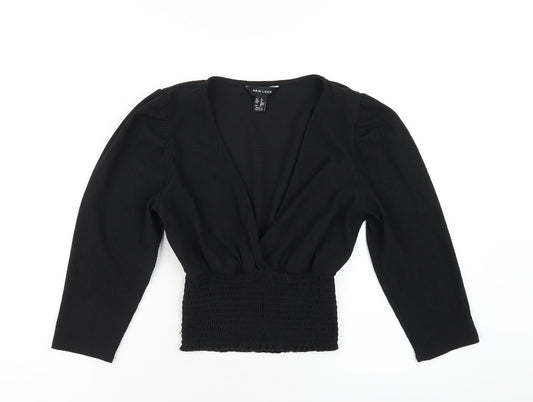 New Look Womens Black Polyester Cropped T-Shirt Size 8 V-Neck
