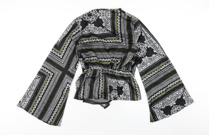 Back view of Missguided women’s black geometric polyester basic blouse, size UK 10, v-neck