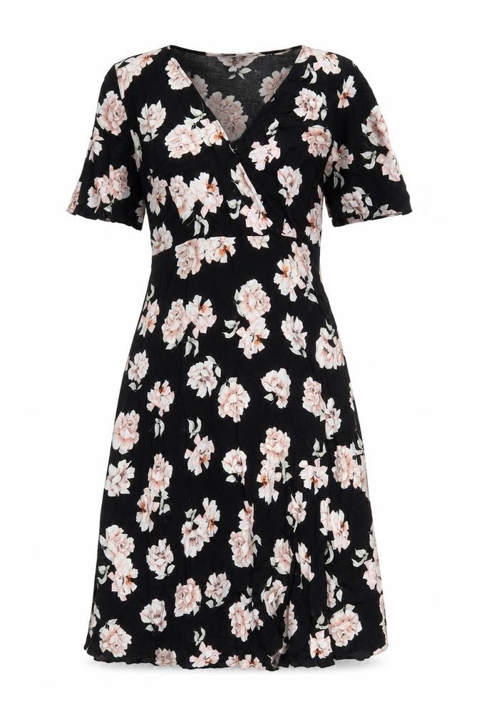 New Look Womens Black Floral Viscose A-Line Size 10 V-Neck Zip