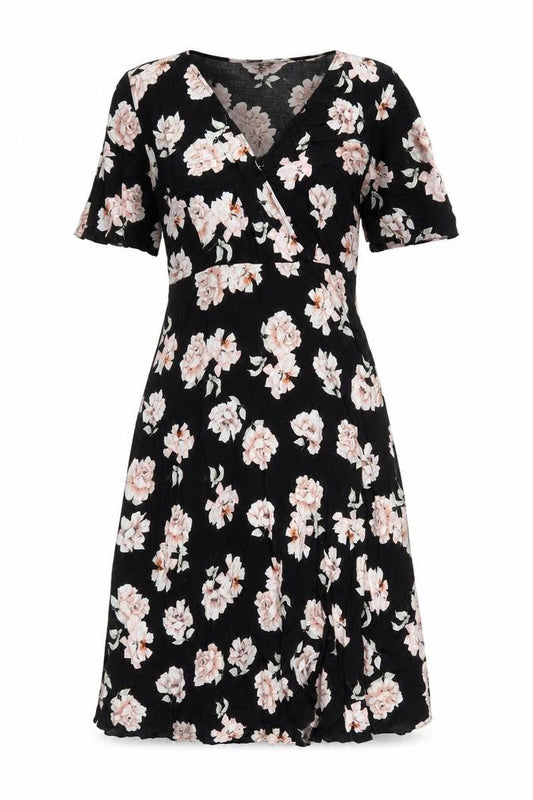 New Look Womens Black Floral Viscose A-Line Size 10 V-Neck Zip