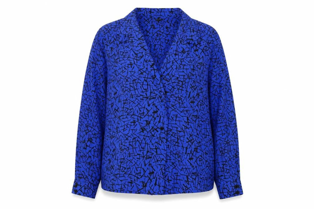 Albert Nipon Womens Blue Geometric Polyester Basic Blouse Size 16 V-Neck