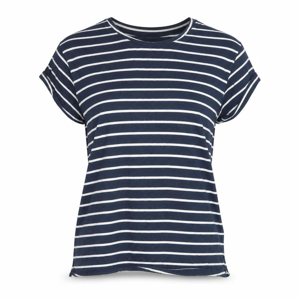 Miso Womens Blue Striped Cotton Basic T-Shirt Size 12 Round Neck