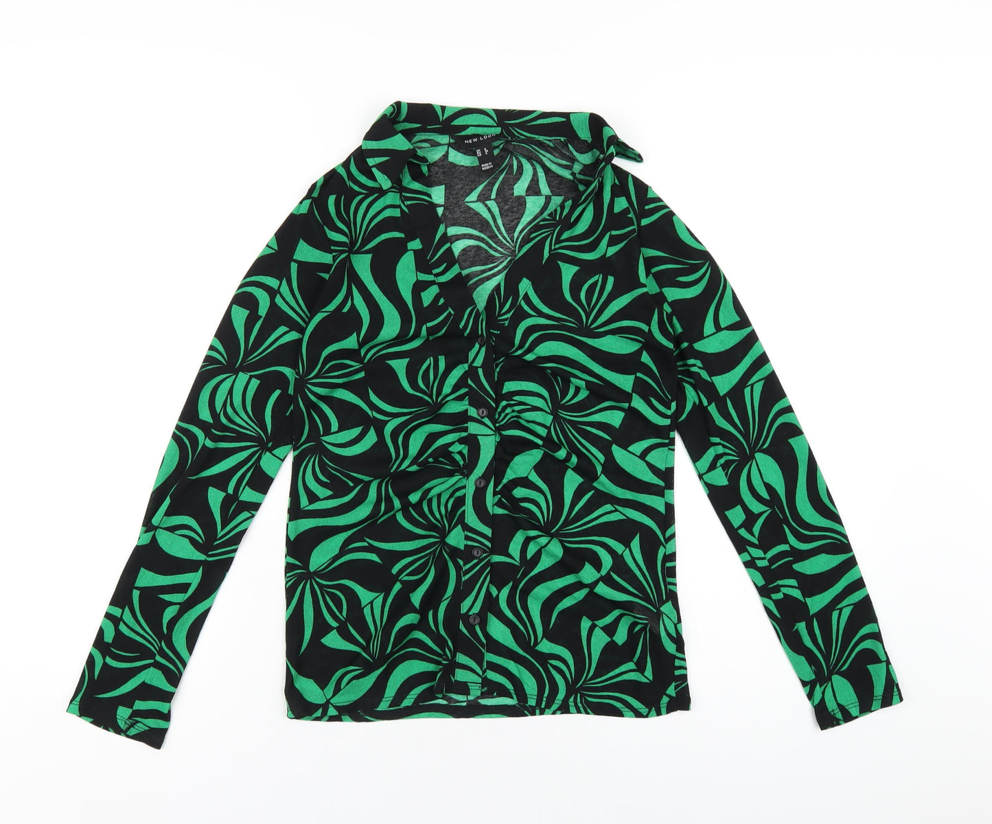 New Look Womens Green Geometric Polyester Basic Button-Up Size 8 Collared