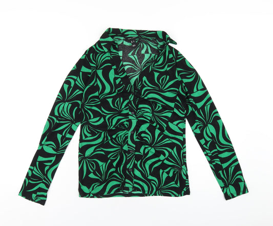 New Look Womens Green Geometric Polyester Basic Button-Up Size 8 Collared