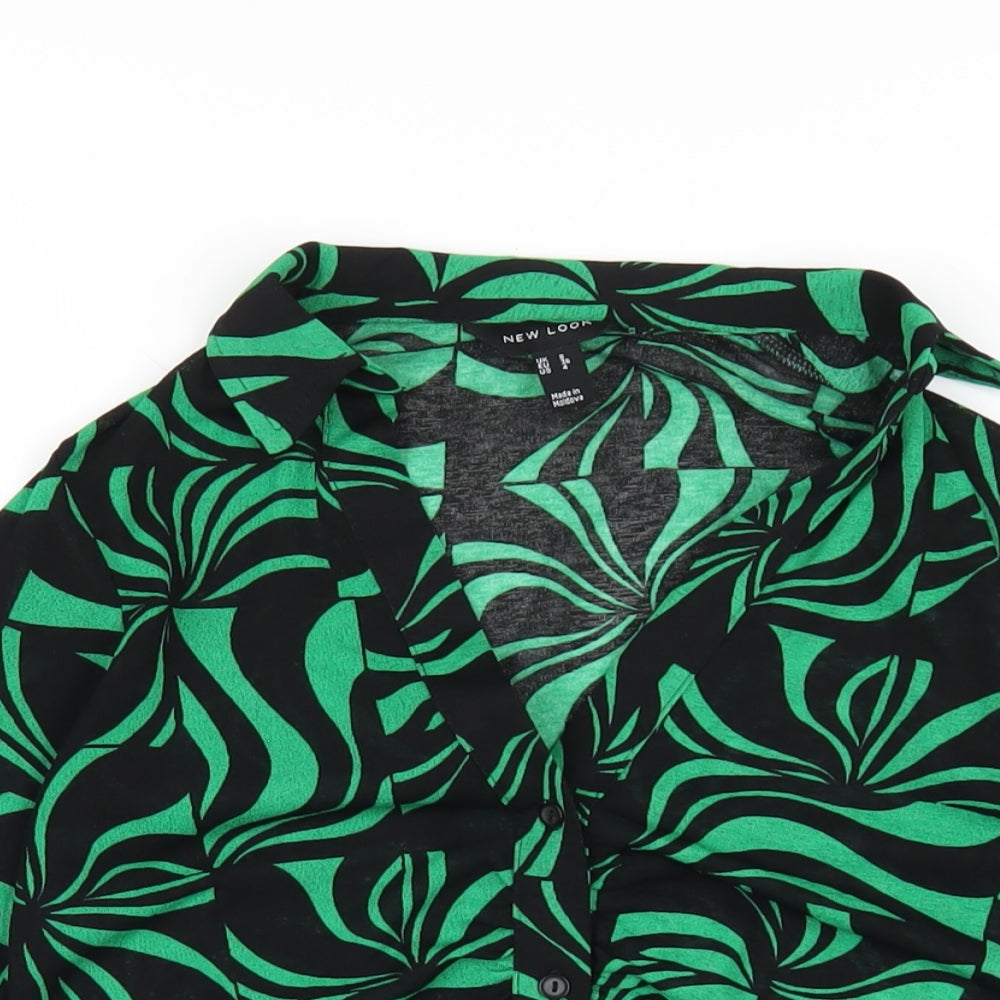 New Look Womens Green Geometric Polyester Basic Button-Up Size 8 Collared
