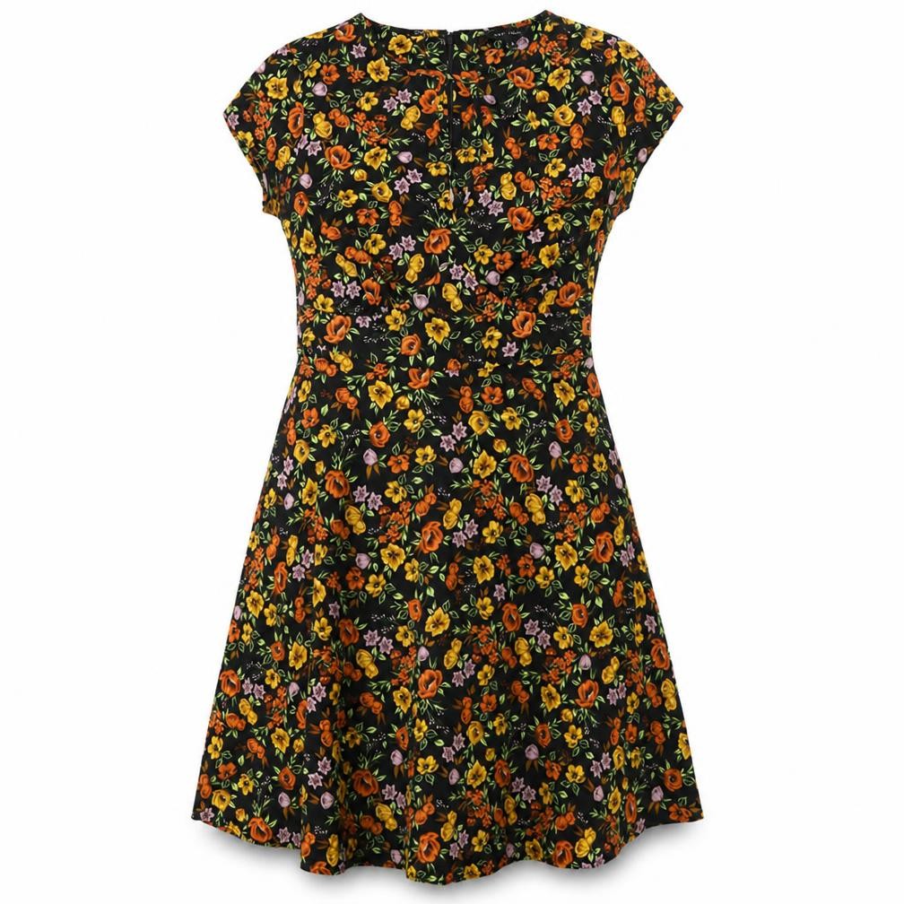 New Look Womens Black Floral Polyester A-Line Size 6 Round Neck Zip
