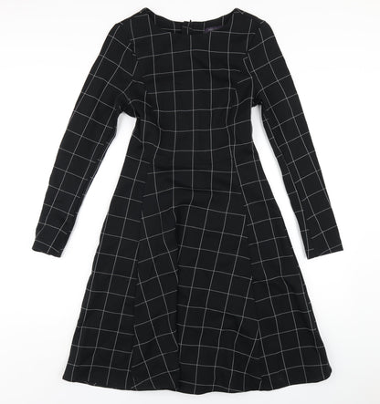 Marks & Spencer Womens Black Check Viscose A-Line Size 8 Round Neck Zip