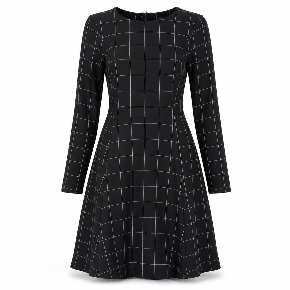 Marks & Spencer Womens Black Check Viscose A-Line Size 8 Round Neck Zip