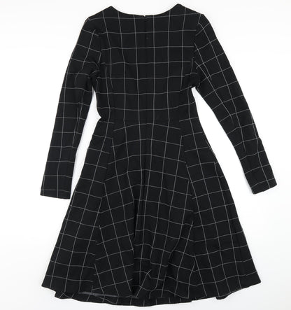 Marks & Spencer Womens Black Check Viscose A-Line Size 8 Round Neck Zip