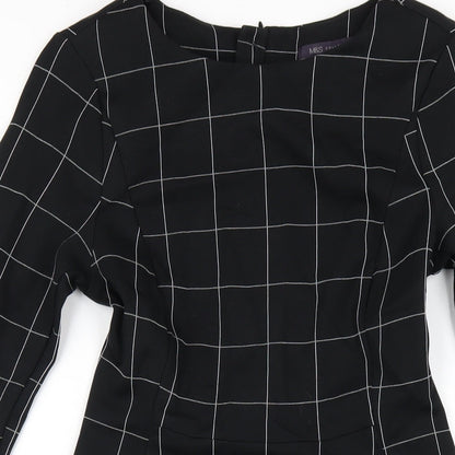 Marks & Spencer Womens Black Check Viscose A-Line Size 8 Round Neck Zip