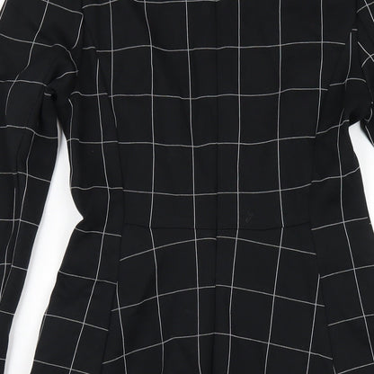 Marks & Spencer Womens Black Check Viscose A-Line Size 8 Round Neck Zip