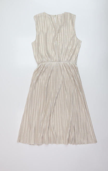 Back view of Miss Selfridge women’s gold polyester a-line, size UK 12, round neck button