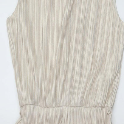 Close-up detail of Miss Selfridge women’s gold polyester a-line, size UK 12, round neck button
