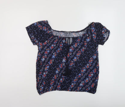 Additional front view of Principles women’s blue floral viscose basic blouse, size UK 10, round neck