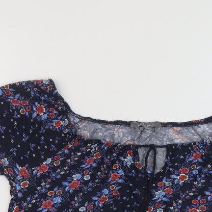 Close-up detail of Principles women’s blue floral viscose basic blouse, size UK 10, round neck