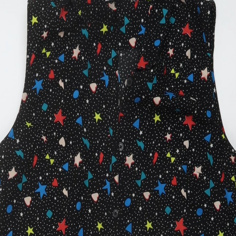 Marks and Spencer Girls Black Geometric Polyester Basic Blouse Size 13-14 Years Collared Button