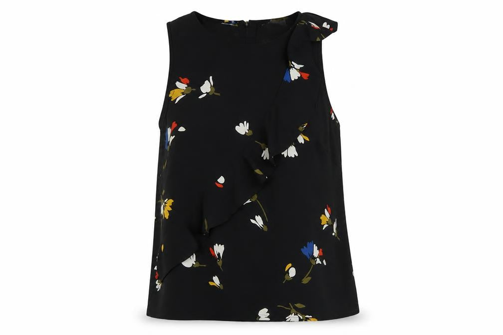 MDM Womens Black Floral Polyester Basic T-Shirt Size 14 Round Neck