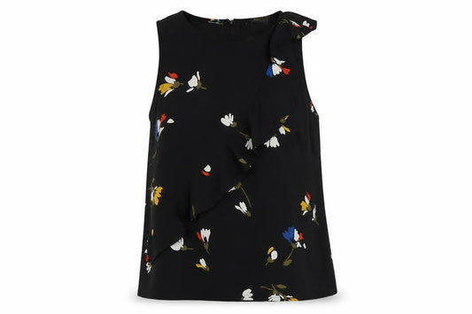 MDM Womens Black Floral Polyester Basic T-Shirt Size 14 Round Neck
