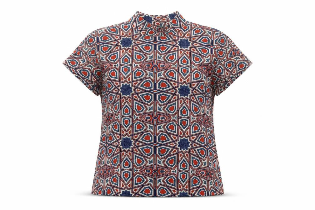 mONKLI Womens Multicoloured Geometric Polyester Basic T-Shirt Size S Mock Neck