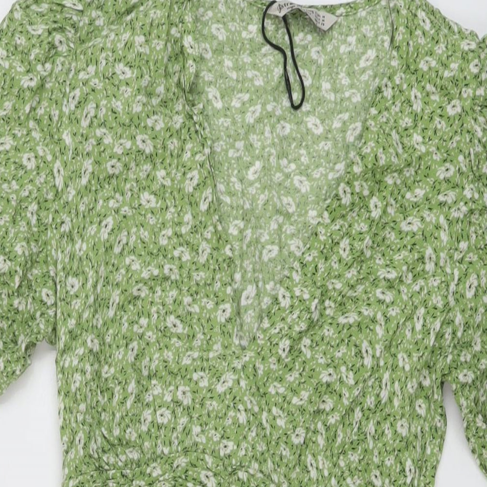 Stradivarius Womens Green Floral Polyester A-Line Size M V-Neck Pullover