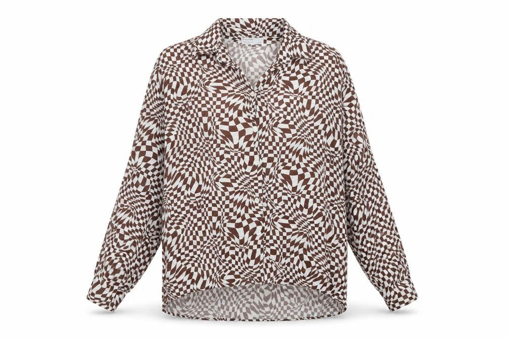 Bershka Womens Brown Geometric Viscose Basic Blouse Size M V-Neck