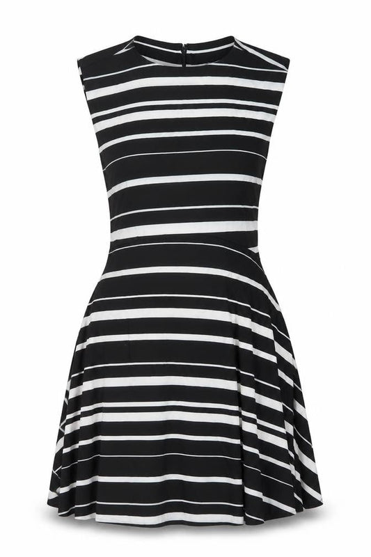 French Connection Womens Black Striped Cotton A-Line Size 12 Round Neck Zip